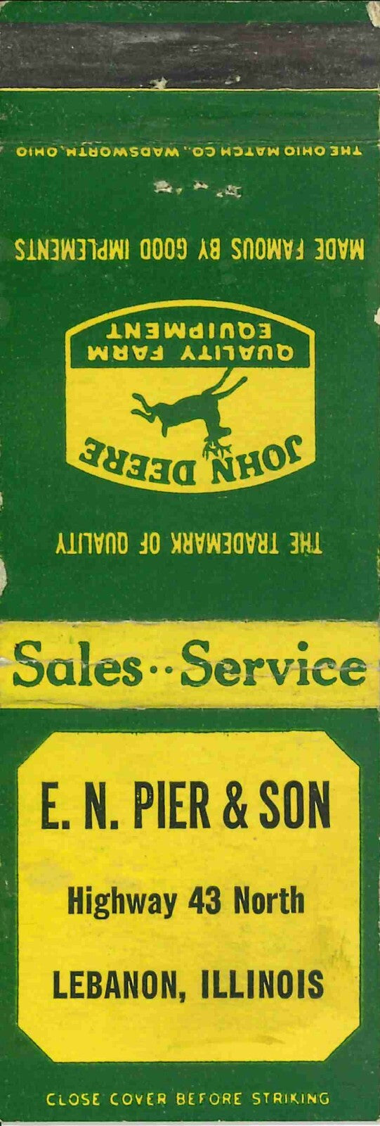 John Deere Matchbook Cover QFE E N Pier & Son Lebanon Illinois