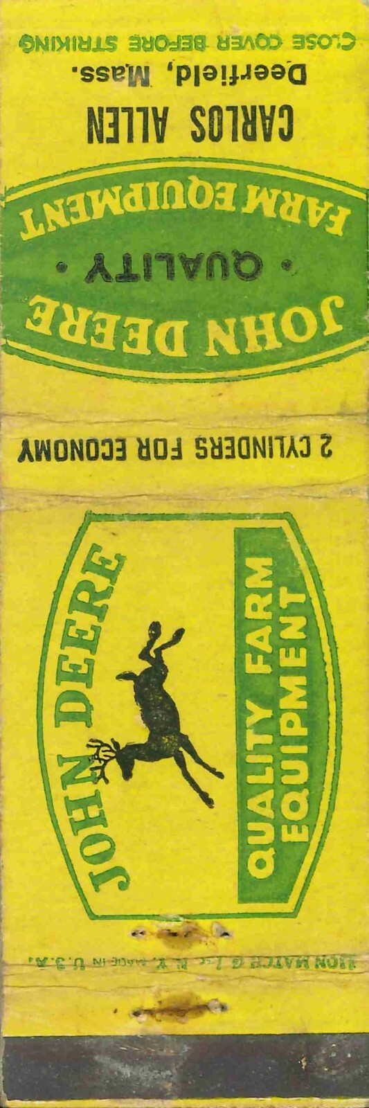 John Deere Matchbook Cover QFE Carlos Allen Deerfield Massachusetts 