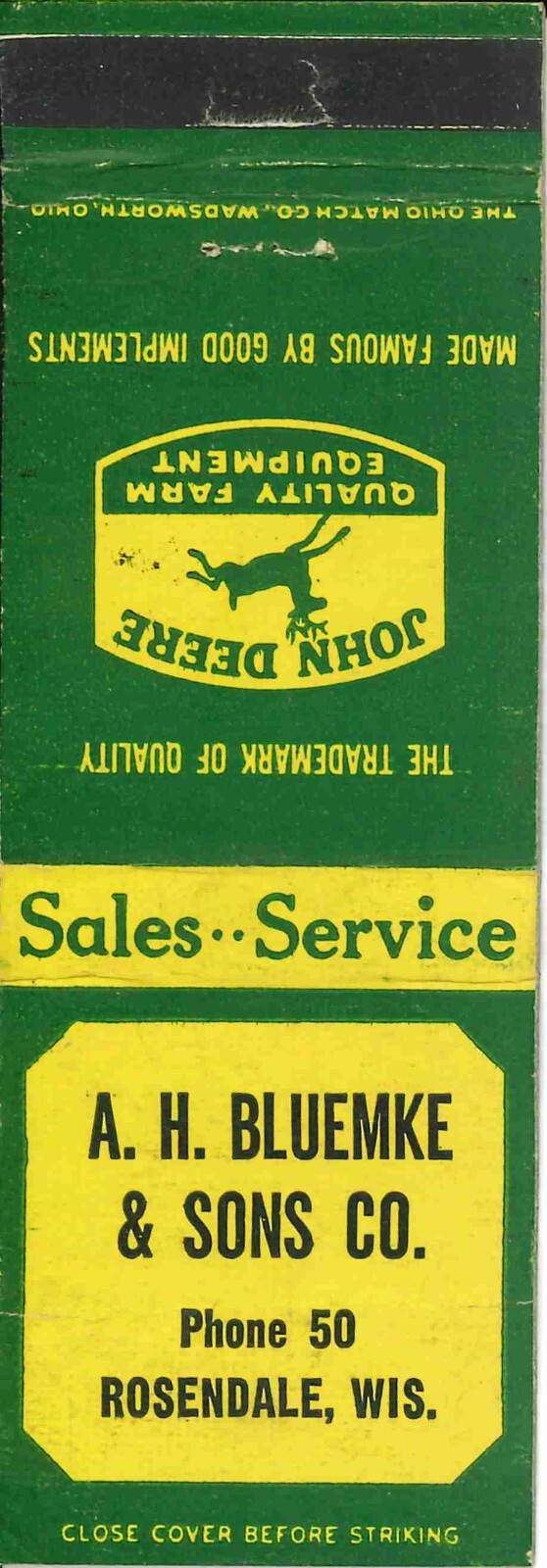 John Deere Matchbook Cover QFE A H Bluemke & Son Rosendale Wisconsin
