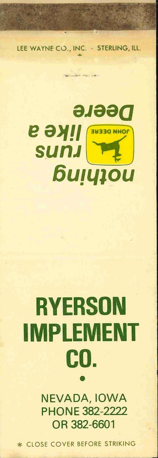 John Deere Matchbook Cover 2 Leg Ryerson Imp Nevada IA