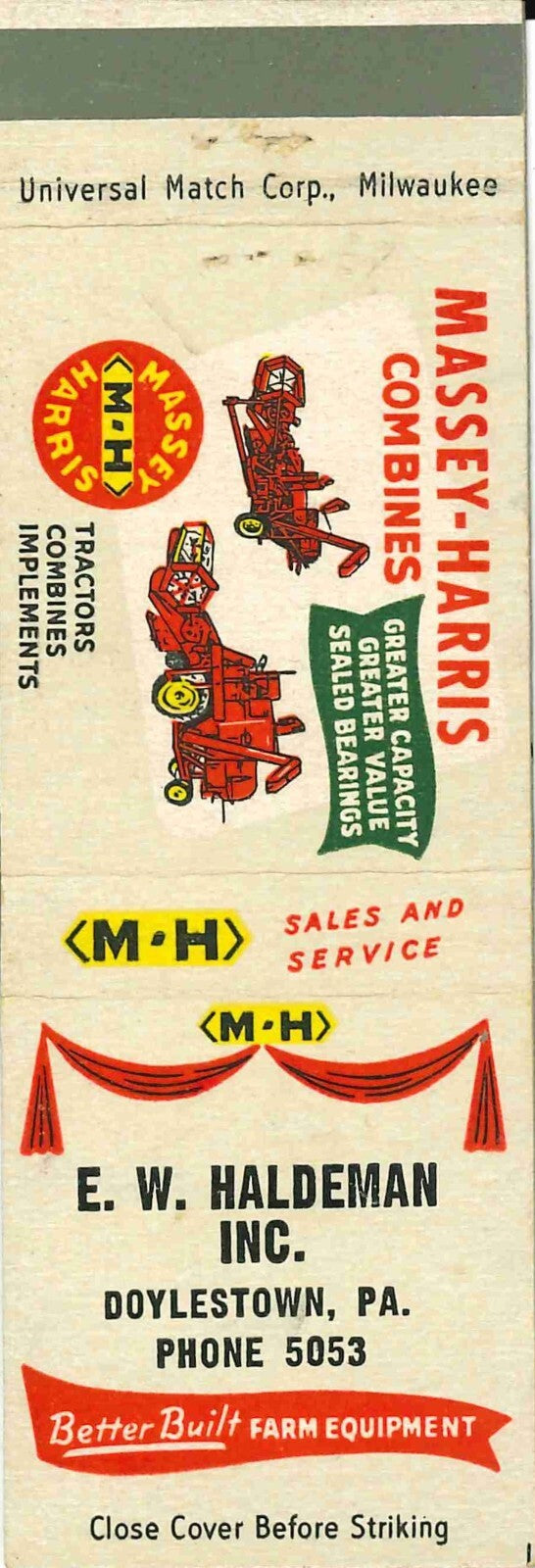 Matchbook Cover Massey Harris Combines E W Haldeman Doylestown Pennsylvania