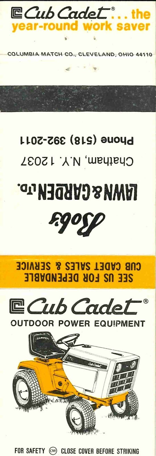 Matchbook Cover Cub Cadet Bobs Lawn and Garden Chatham New York