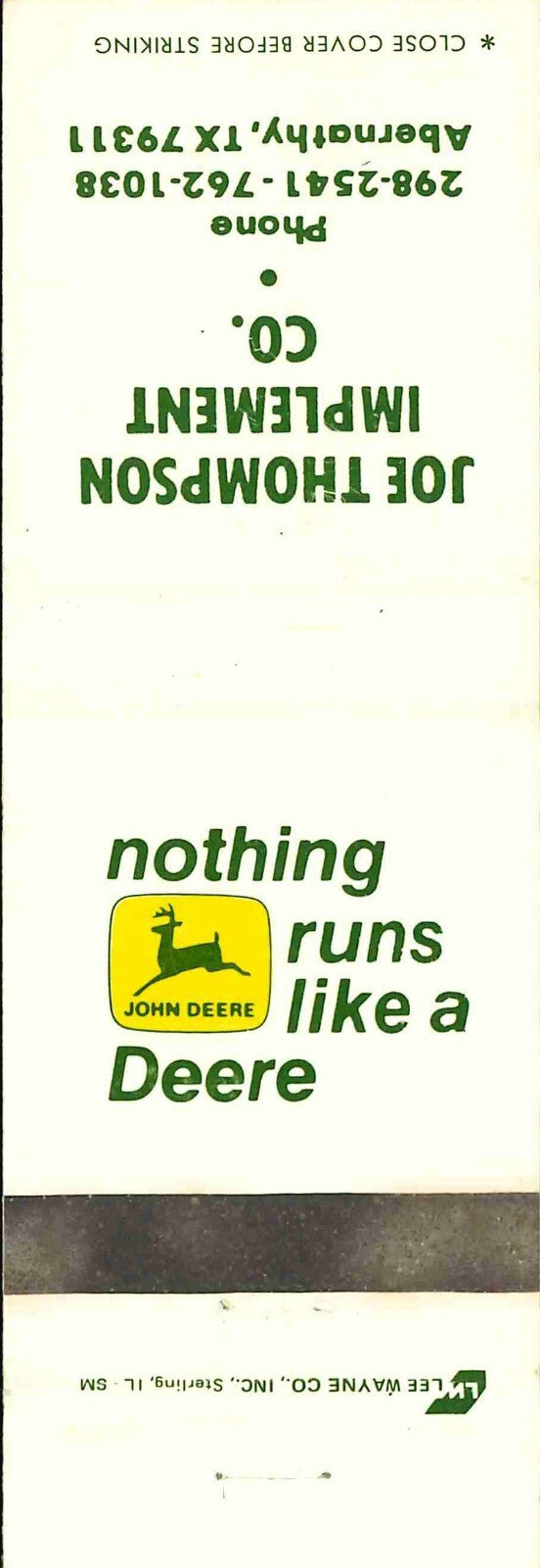John Deere Matchbook Cover 2 Leg Joe Thompson Imp Abernathy TX