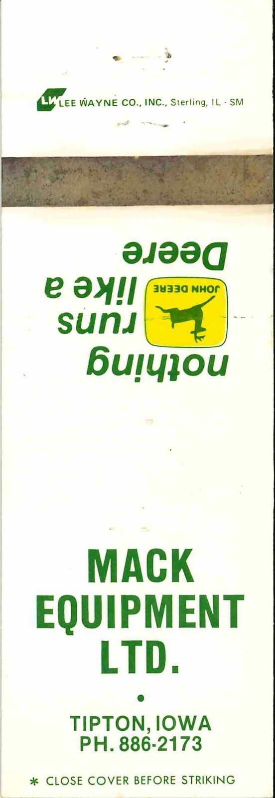 John Deere Matchbook Cover 2 Leg Mack Equipment Tipton IA