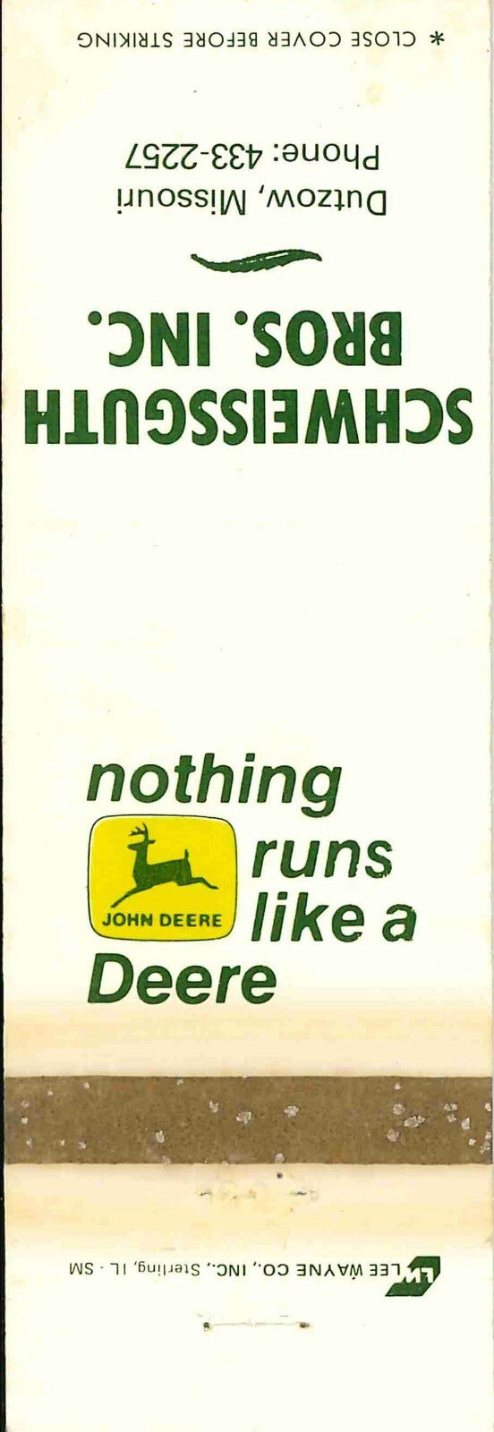 John Deere Matchbook Cover 2 Leg Scheissguth Bros Dutzow Missouri