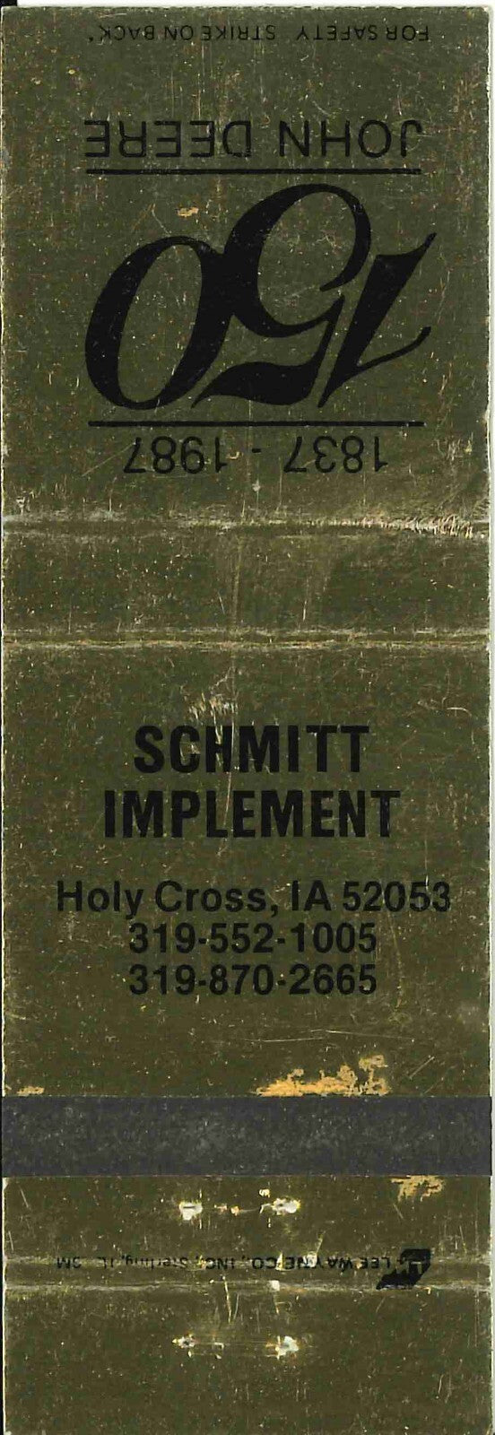 John Deere Matchbook Cover 150th Schmitt Implement Holy Cross IA