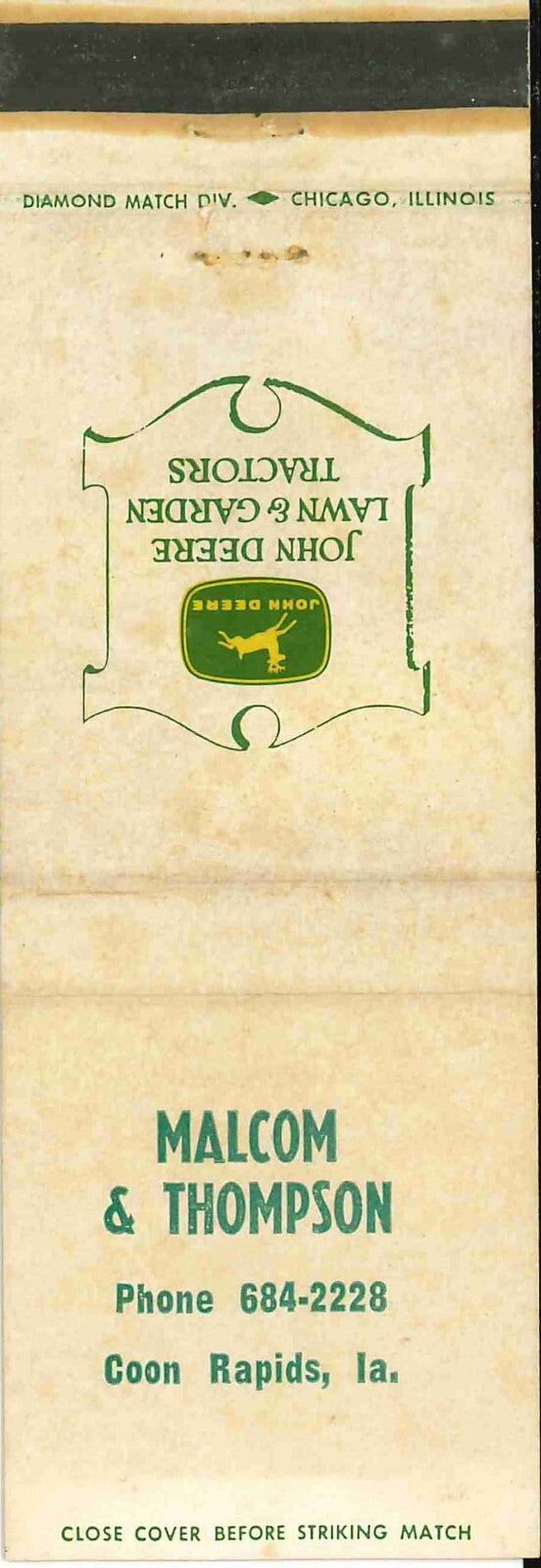 John Deere Matchbook Cover 4 Leg Lawn & Garden Malcom Thompson Coon Rapids IA