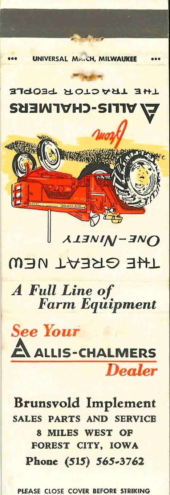 Matchbook Cover Allis Chalmers 190 Brunswold Imp Forest City Iowa