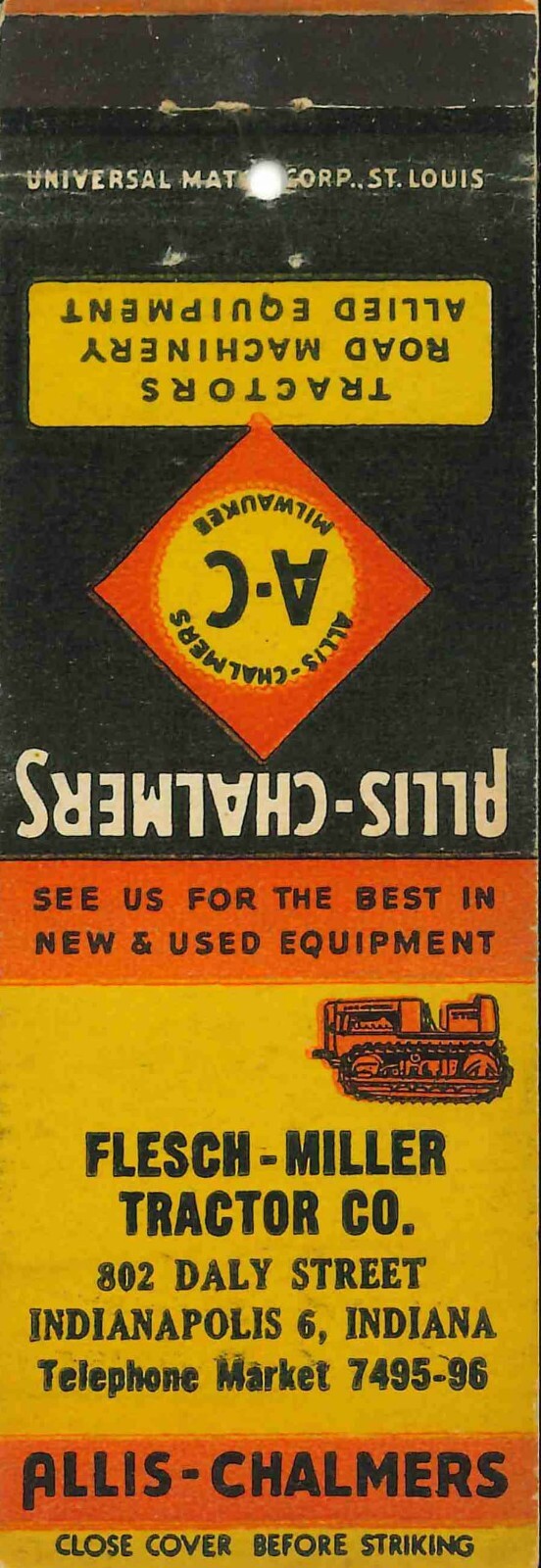Matchbook Cover Allis Chalmers Crawler Tractor Flesch Miller Indianapolis IN