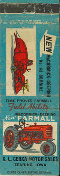 Matchbook Cover Farmall H Combine Truck K L Motor Sales Zearing Iowa