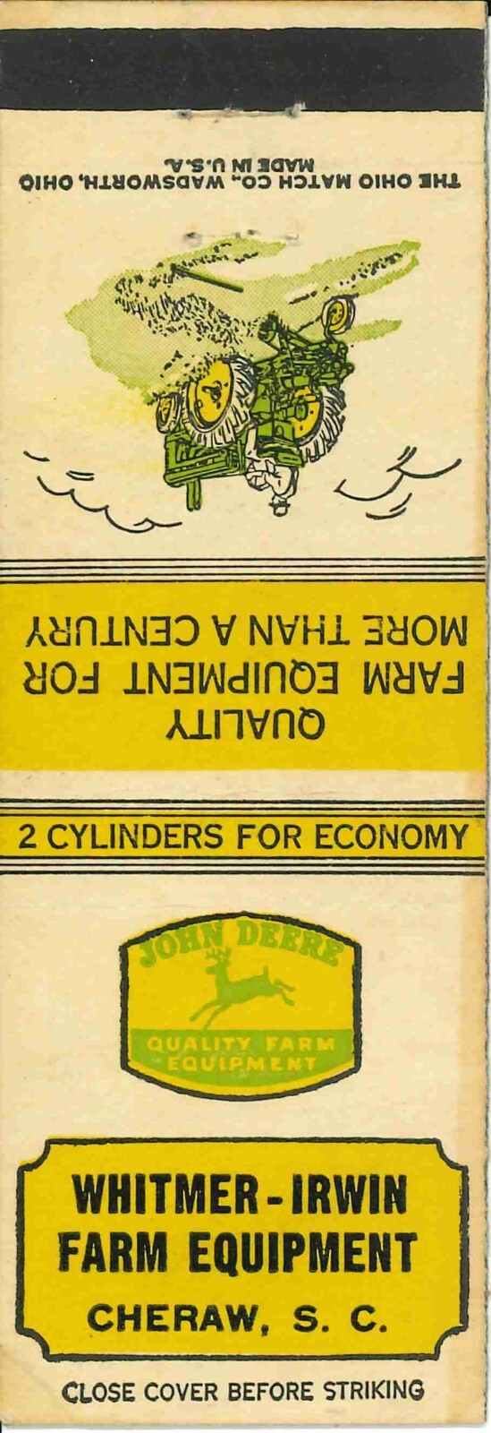 John Deere Matchbook Cover A w/ Mower Whitmer Irwin Cheraw North Carolina