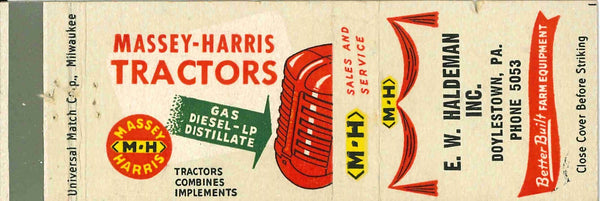 Matchbook Cover Massey Harris Tractors E W Haldeman Doylestown Pennsylvania