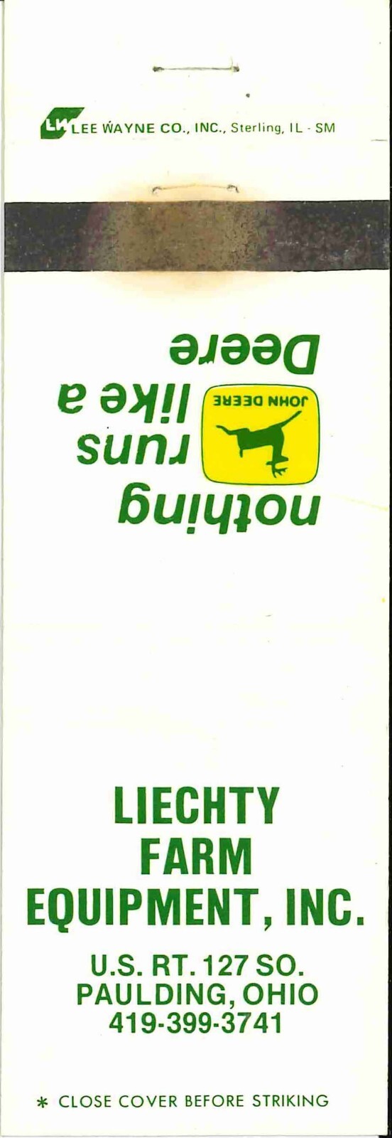 John Deere Matchbook Cover 2 Leg Liechty Farm Equip Paulding OH