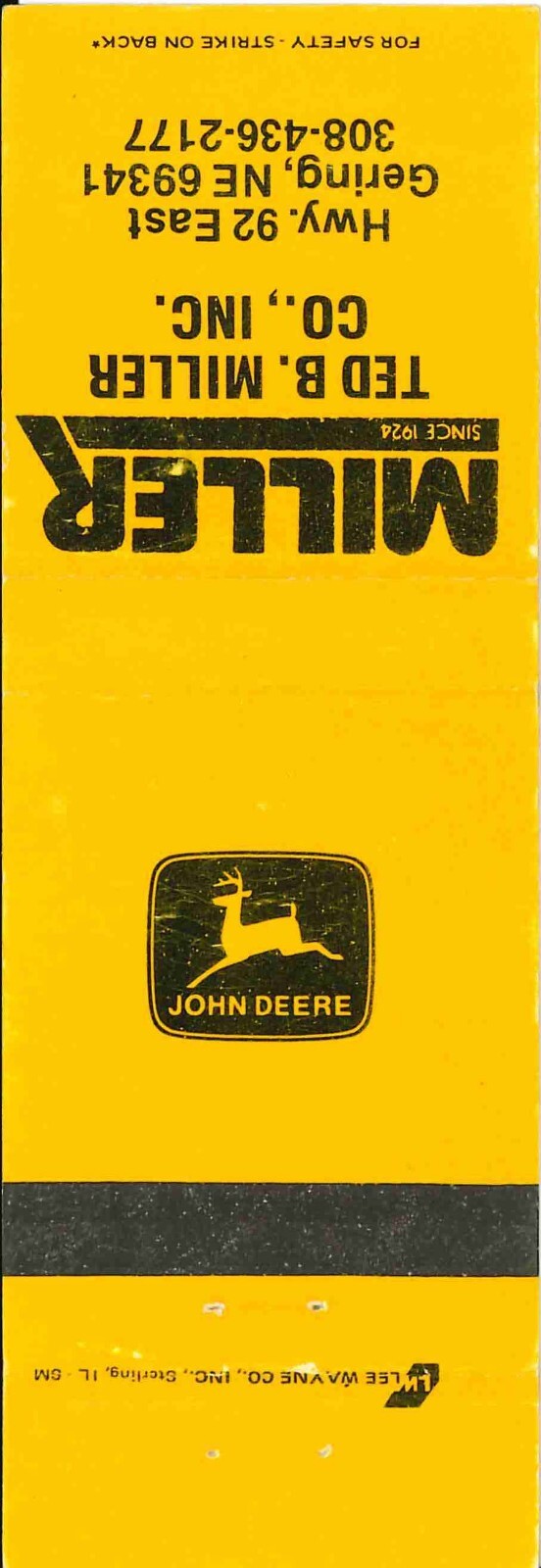 John Deere Matchbook Cover Ted B Miller Gering NE