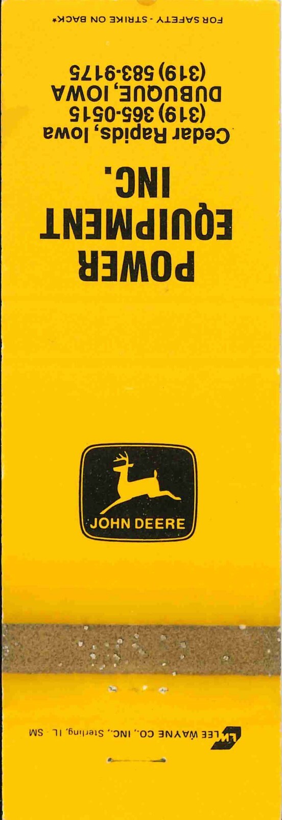 John Deere Matchbook Cover Power Equipment Cedar Rapids IA