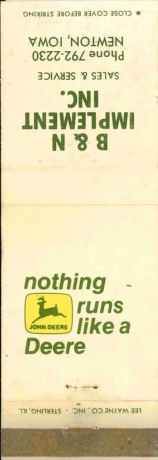 John Deere Matchbook Cover 2 Leg B N Implement Newton IA