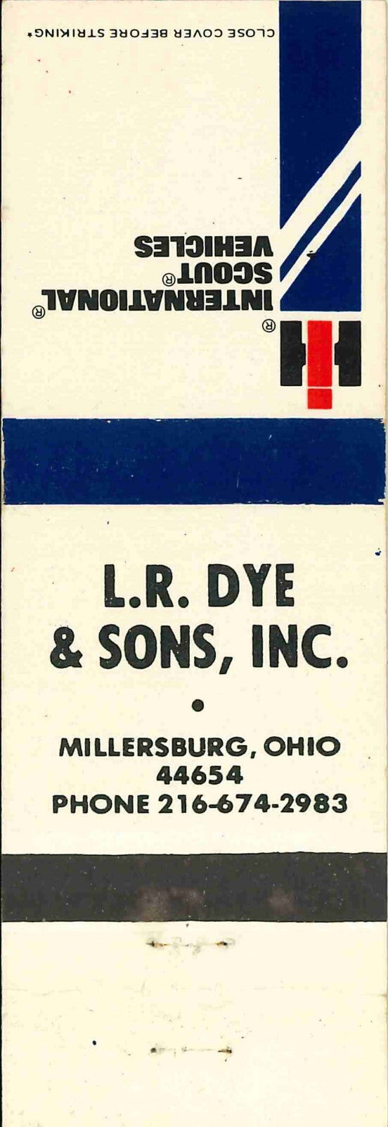 Matchbook Cover International Harvester Scout L R Dye Millersburg Ohio