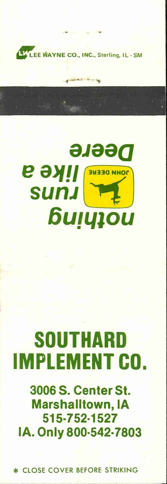 John Deere Matchbook Cover 2 Leg Southard Implement Marshalltown IA