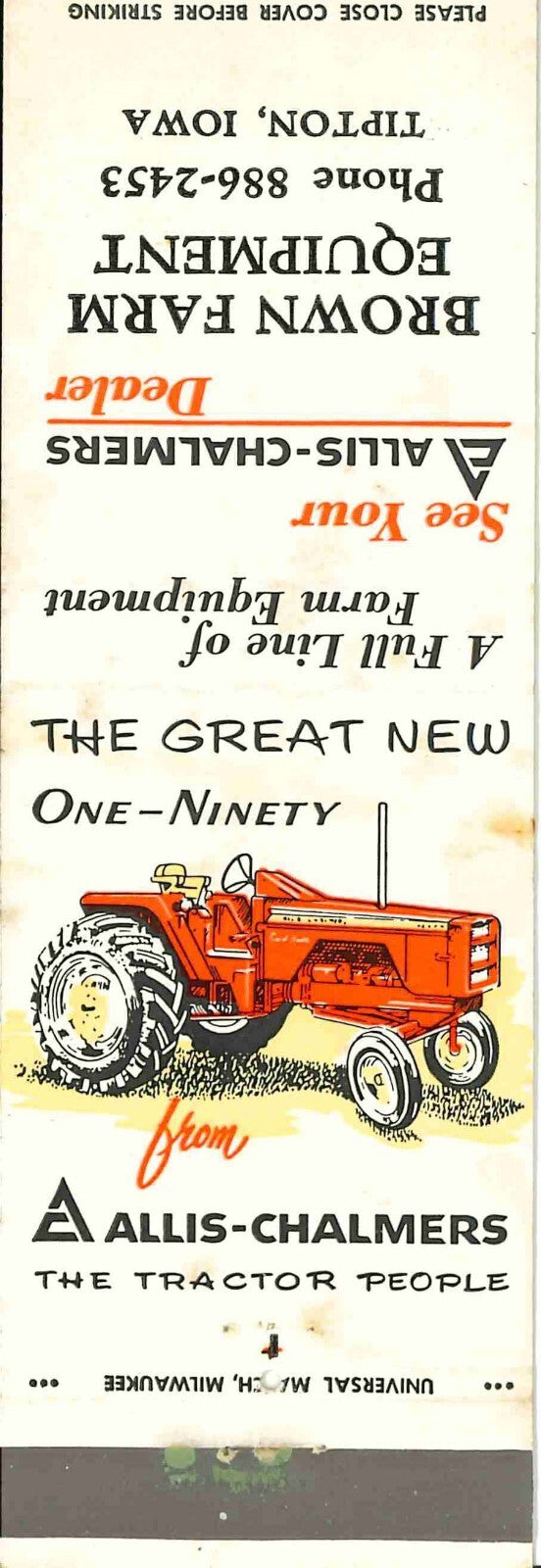 Matchbook Cover Allis Chalmers 190 Brown Farm Equip Tipton Iowa