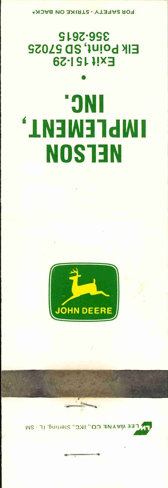 John Deere Matchbook Cover Neslon Implement Elk Point SD