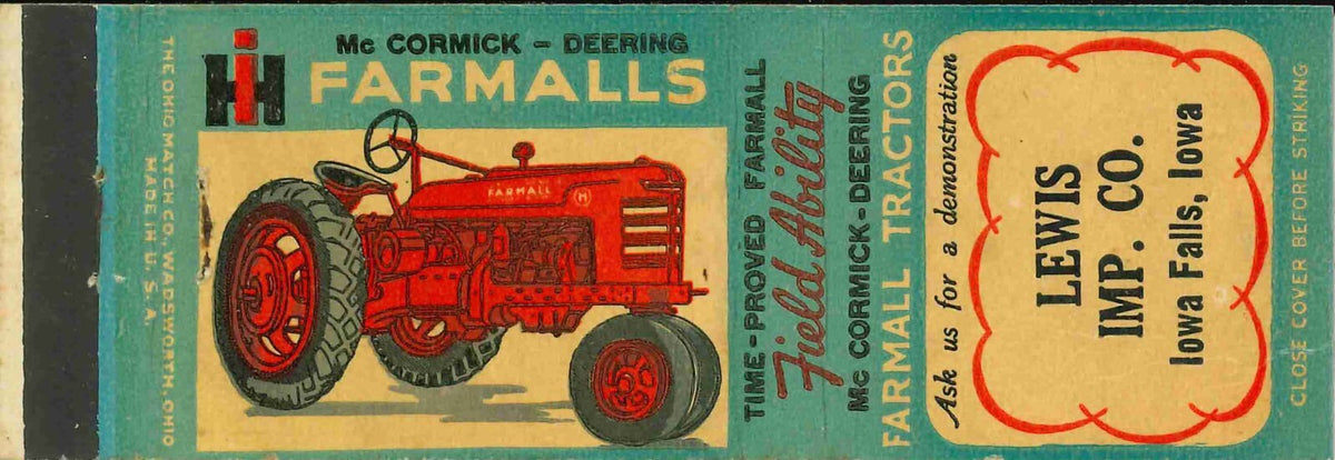Matchbook Cover Farmall H Lewis Imp Co Iowa Falls Iowa
