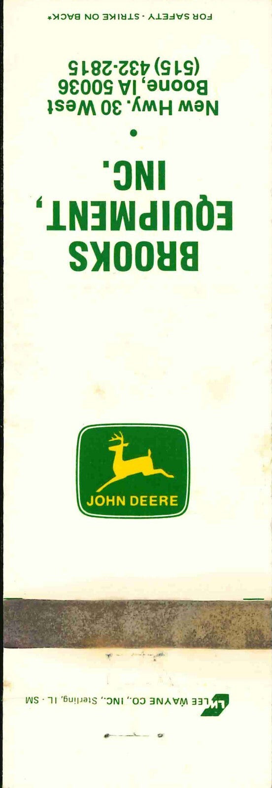 John Deere Matchbook Cover Brooks Equipment Boone IA