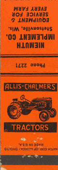 Matchbook Cover Allis Chalmers B Tractor Niemuth Imp Co Stetsonsville Wis