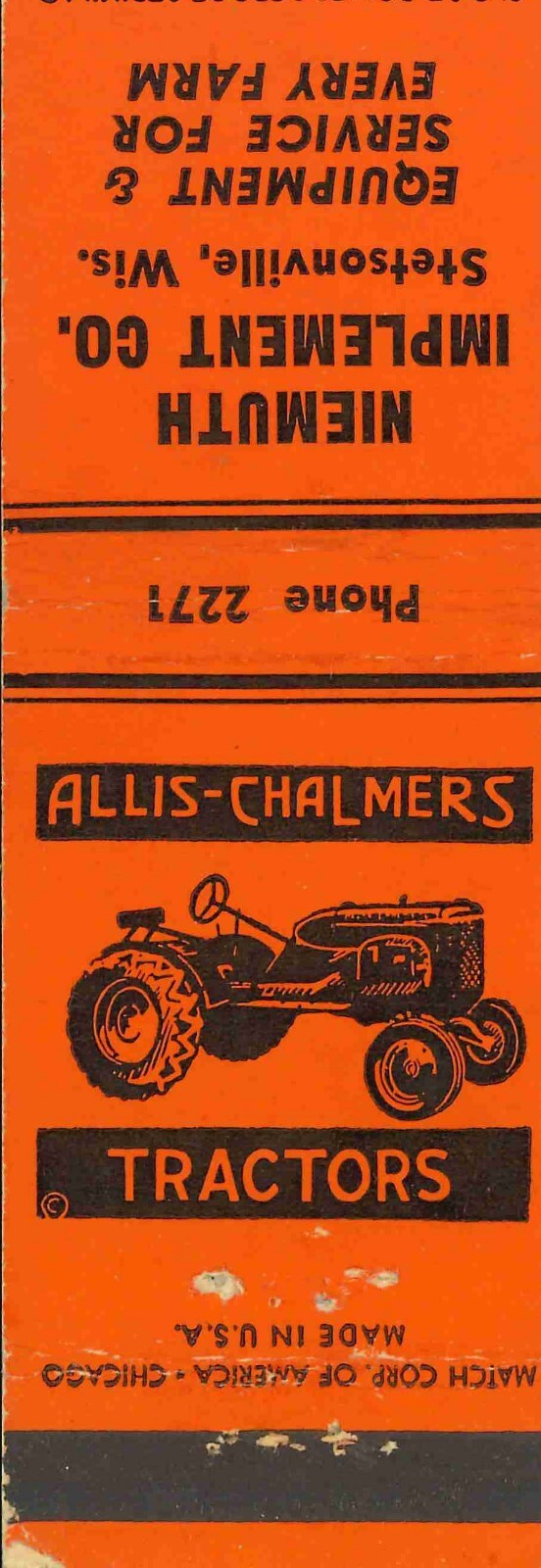 Matchbook Cover Allis Chalmers B Tractor Niemuth Imp Co Stetsonsville Wis