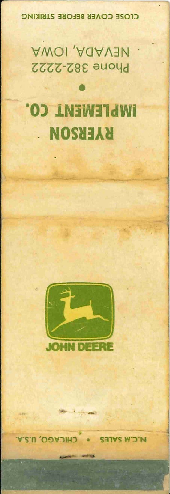 John Deere Matchbook Cover 2 Leg Ryerson Imp CO Nevada IA