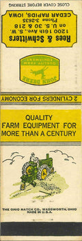 John Deere Matchbook Cover A w/ Mower Rees & Schwitters Cedar Rapids Iowa