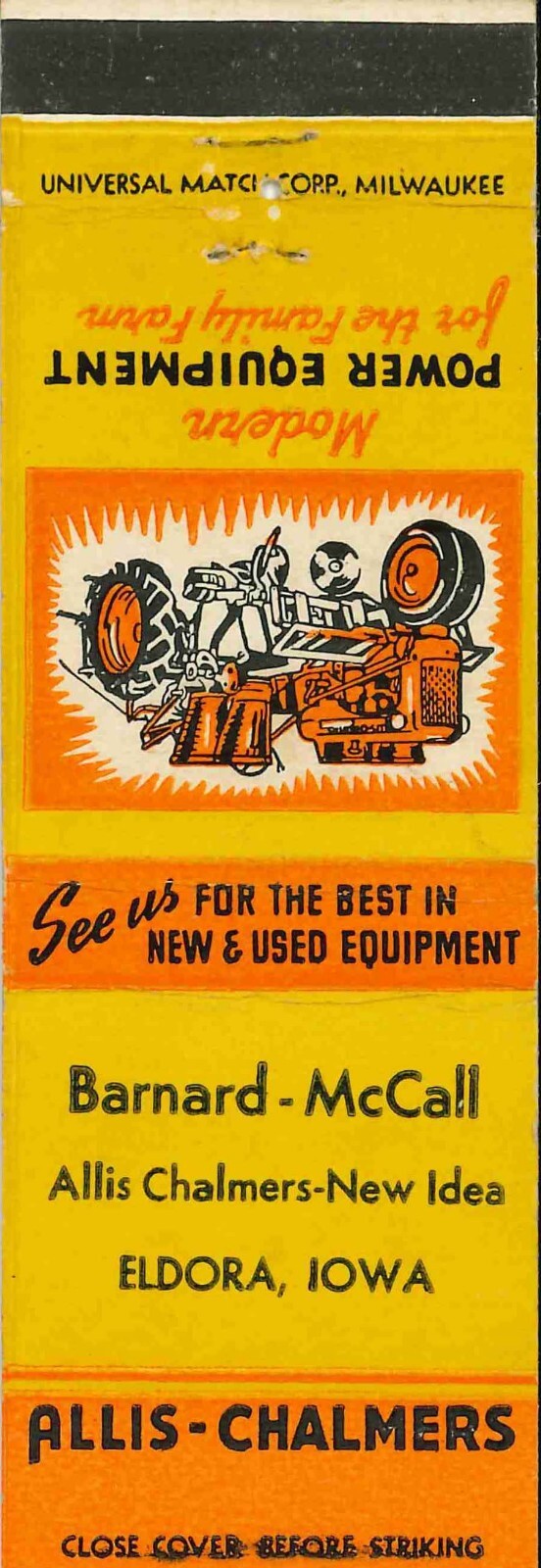 Matchbook Cover Allis Chalmers C Tractor Barnard McCall Eldora Iowa