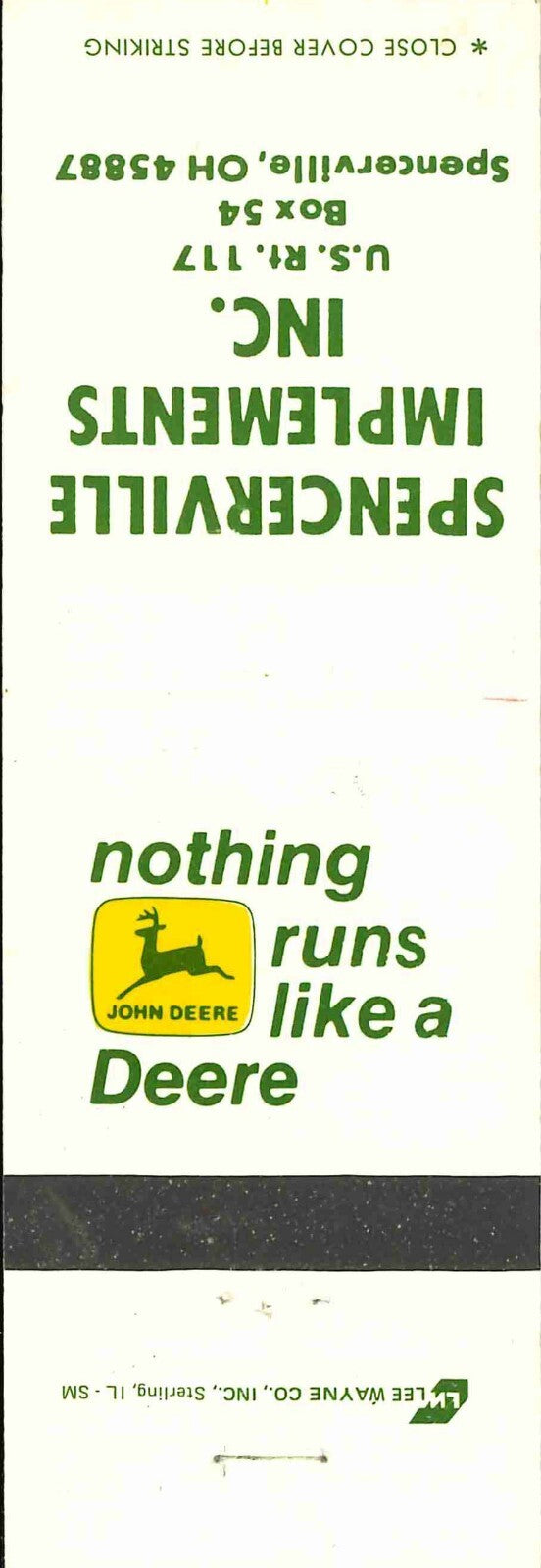 John Deere Matchbook Cover 2 Leg Spencerville Imp Spencerville OH