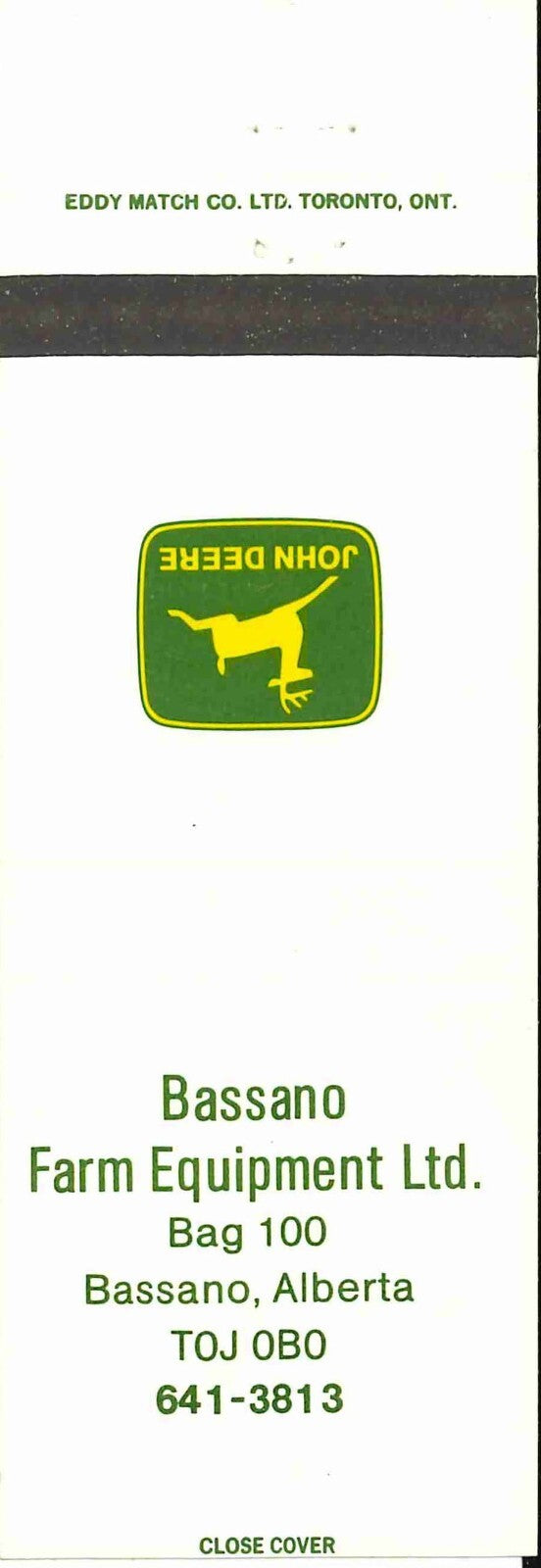 John Deere Matchbook Cover 2 Leg Bassano Farm Equipment Bassano Alberta