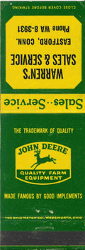 John Deere Matchbook Cover QFE Warrens Sales & Service Eastford Connecticut