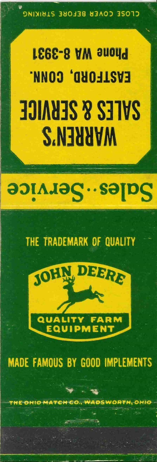 John Deere Matchbook Cover QFE Warrens Sales & Service Eastford Connecticut