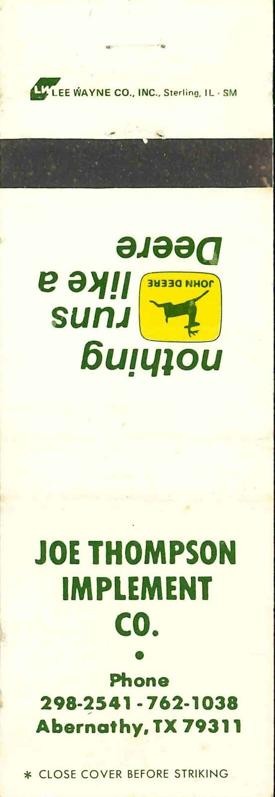 John Deere Matchbook Cover 2 Leg Joe Thompson Imp Abernathy TX