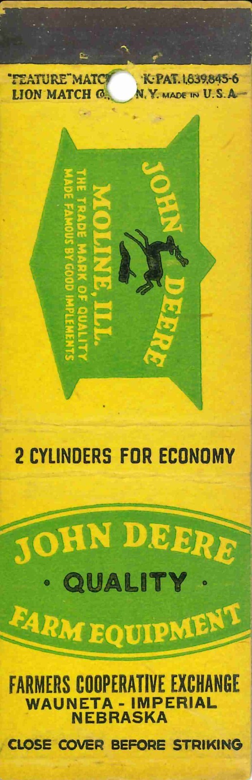 John Deere Matchbook Cover QFE Farmers COOP Exchange Wauneta Imperial Nebraska