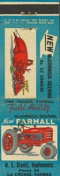 Matchbook Cover Farmall H Combine Truck H E Glantz La Crosse Kansas