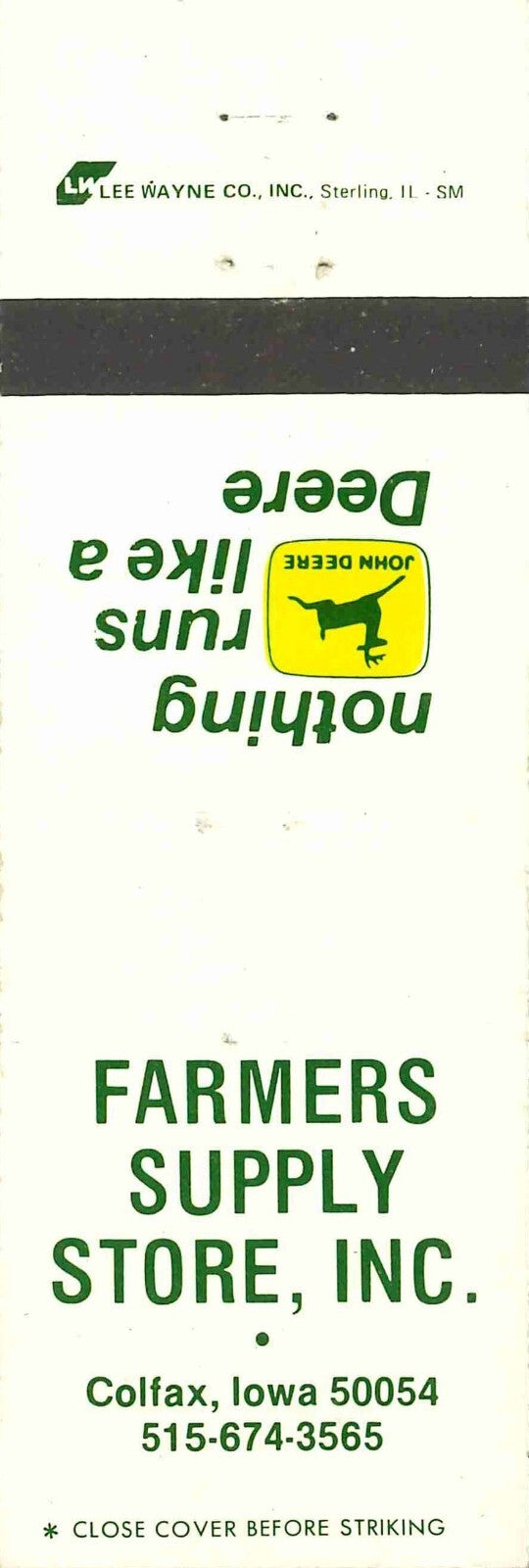 John Deere Matchbook Cover 2 Leg Farmers Supply Store Caolfax IA