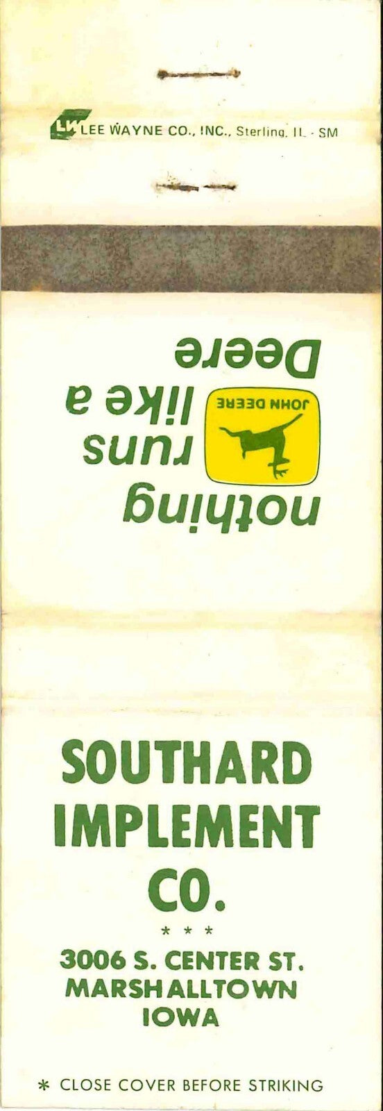 John Deere Matchbook Cover 2 Leg Southard Implement Marshalltown IA