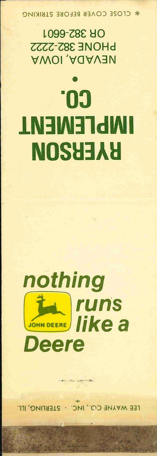 John Deere Matchbook Cover 2 Leg Ryerson Imp Nevada IA