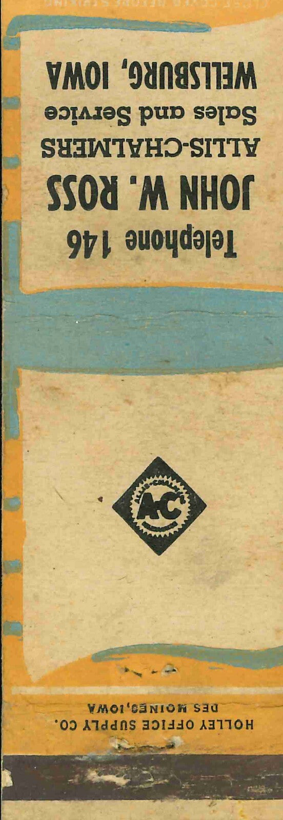 Matchbook Cover Allis Chalmers John W Ross Wellsburg Iowa