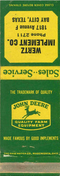 John Deere Matchbook Cover QFE Wertz Implement Co Bay City Texas