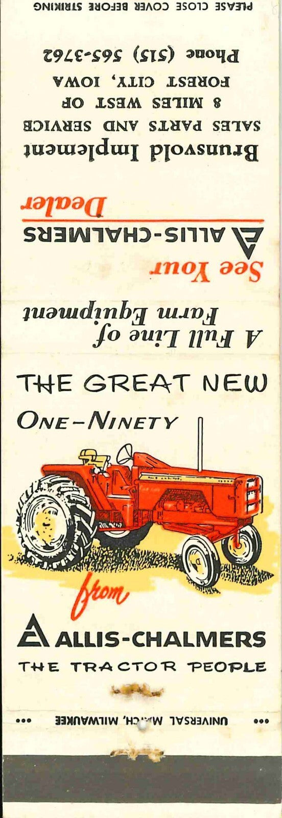 Matchbook Cover Allis Chalmers 190 Brunswold Imp Forest City Iowa