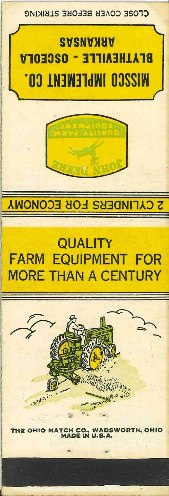 John Deere Matchbook Cover A w/ Mower Missco Imp CO Blytheville Osceola Arkansas