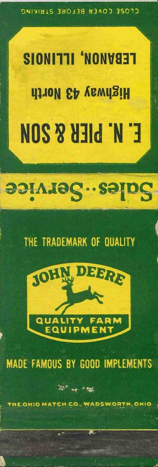 John Deere Matchbook Cover QFE E N Pier & Son Lebanon Illinois