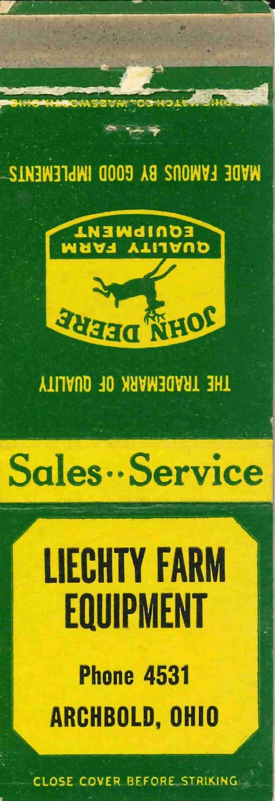 John Deere Matchbook Cover QFE Liechty Farm Equipment Archbold Ohio