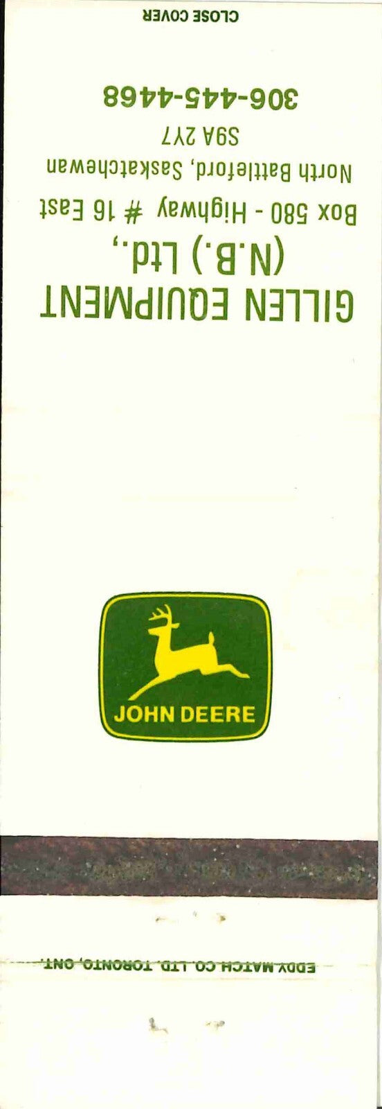 John Deere Matchbook Cover Gille Equipment Battleford Sask