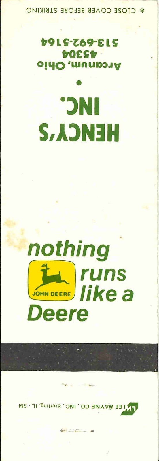 John Deere Matchbook Cover 2 Leg Hencys Inc Arcanum OH