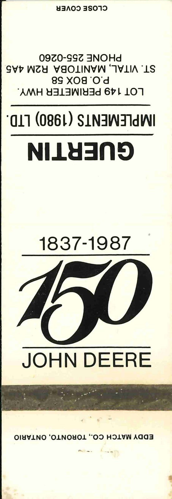 John Deere Matchbook Cover 150th Guertin Implements St Vital Manitoba 